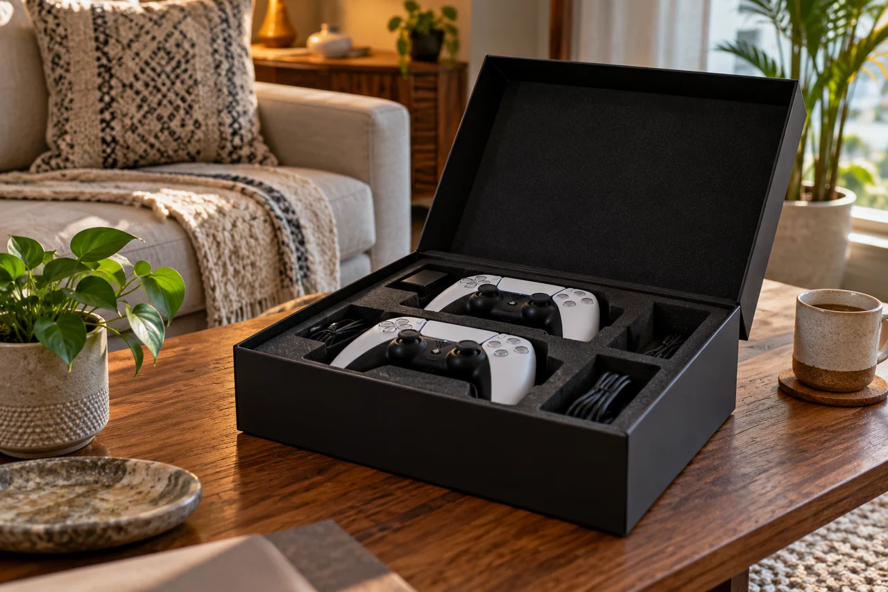 Protective foam compartments holding controllers Protective foam compartments holding controllers