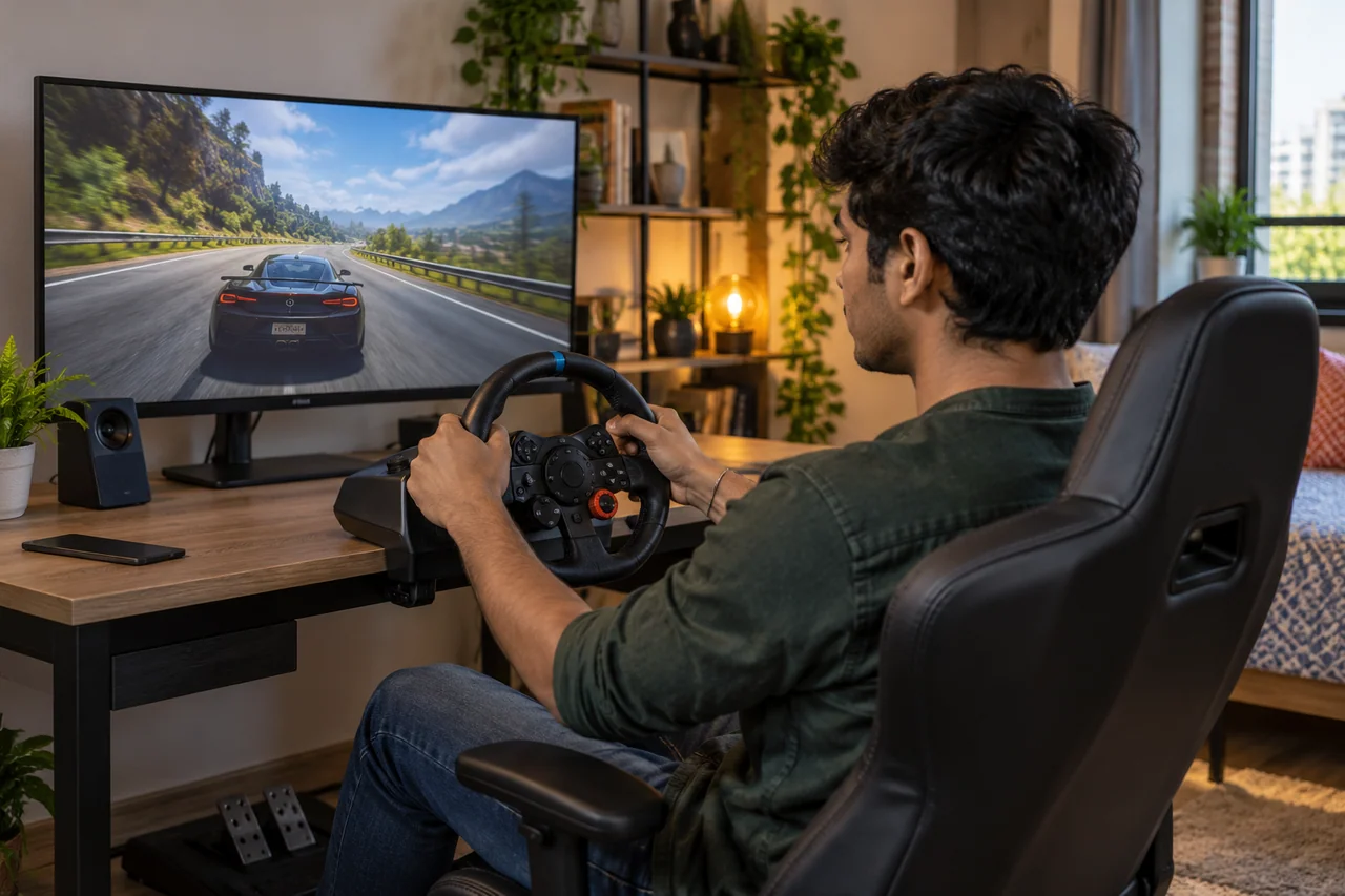 Racing wheel secured to a compact home desk