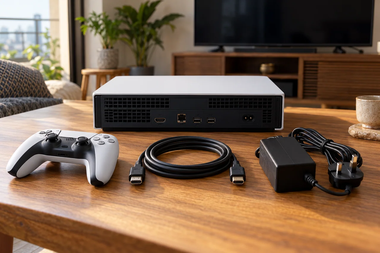 A generic gaming console handover kit with visible HDMI connection, controller and power supply