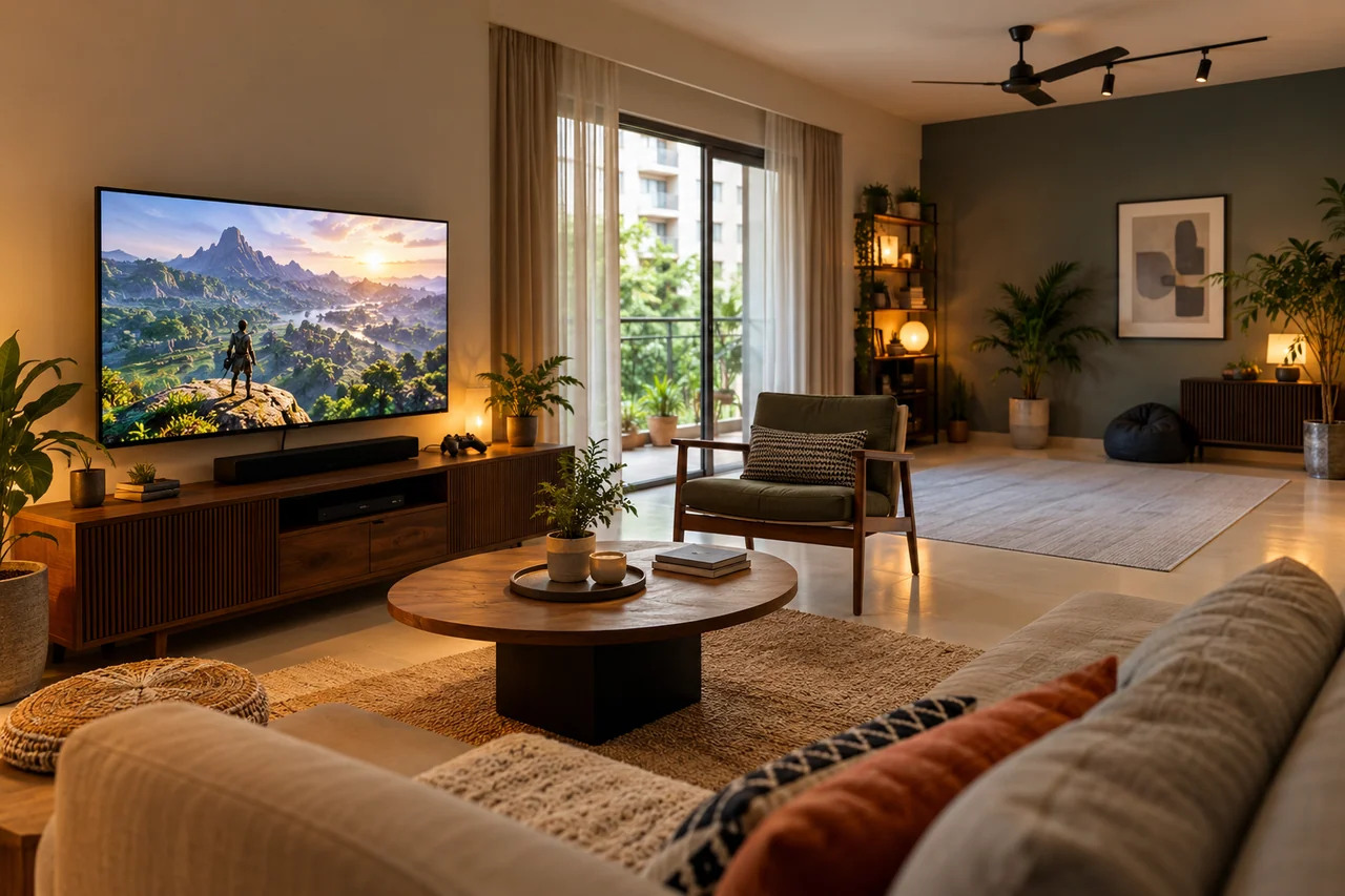 A contemporary Indian living room with a seated console area and a separate clear VR space