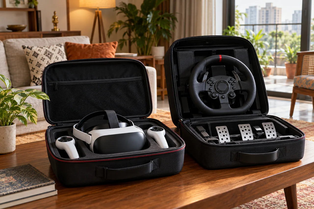 Premium game console VR headset and racing wheel arranged in protective travel cases in an Indian apartment Premium game console VR headset and racing wheel arranged in protective travel cases in an Indian apartment