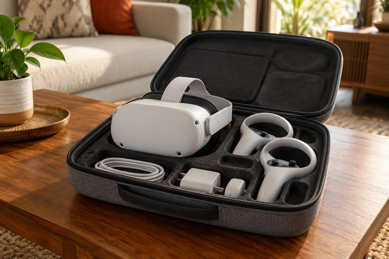 VR headset and clean accessories in a padded case VR headset and clean accessories in a padded case