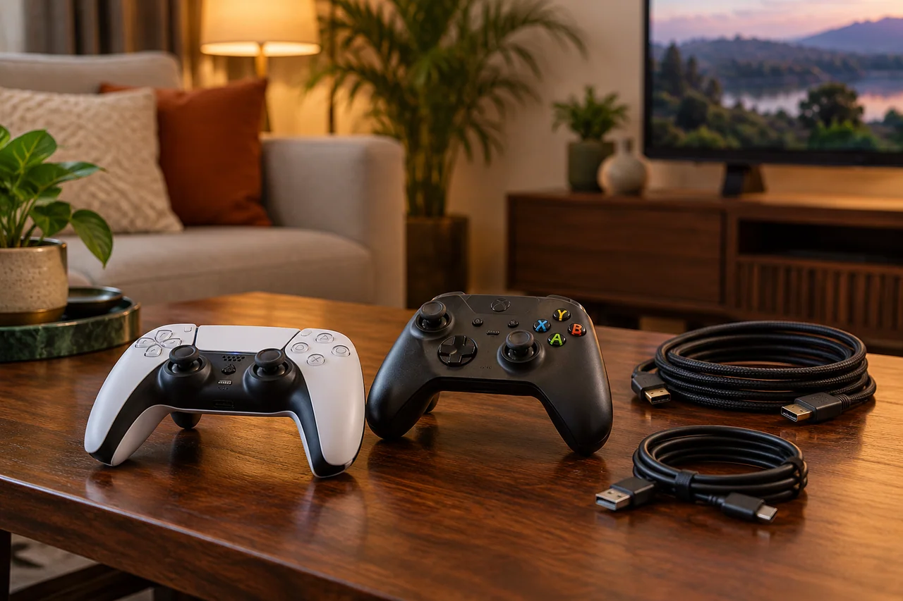 Game controllers and neatly coiled cables Game controllers and neatly coiled cables