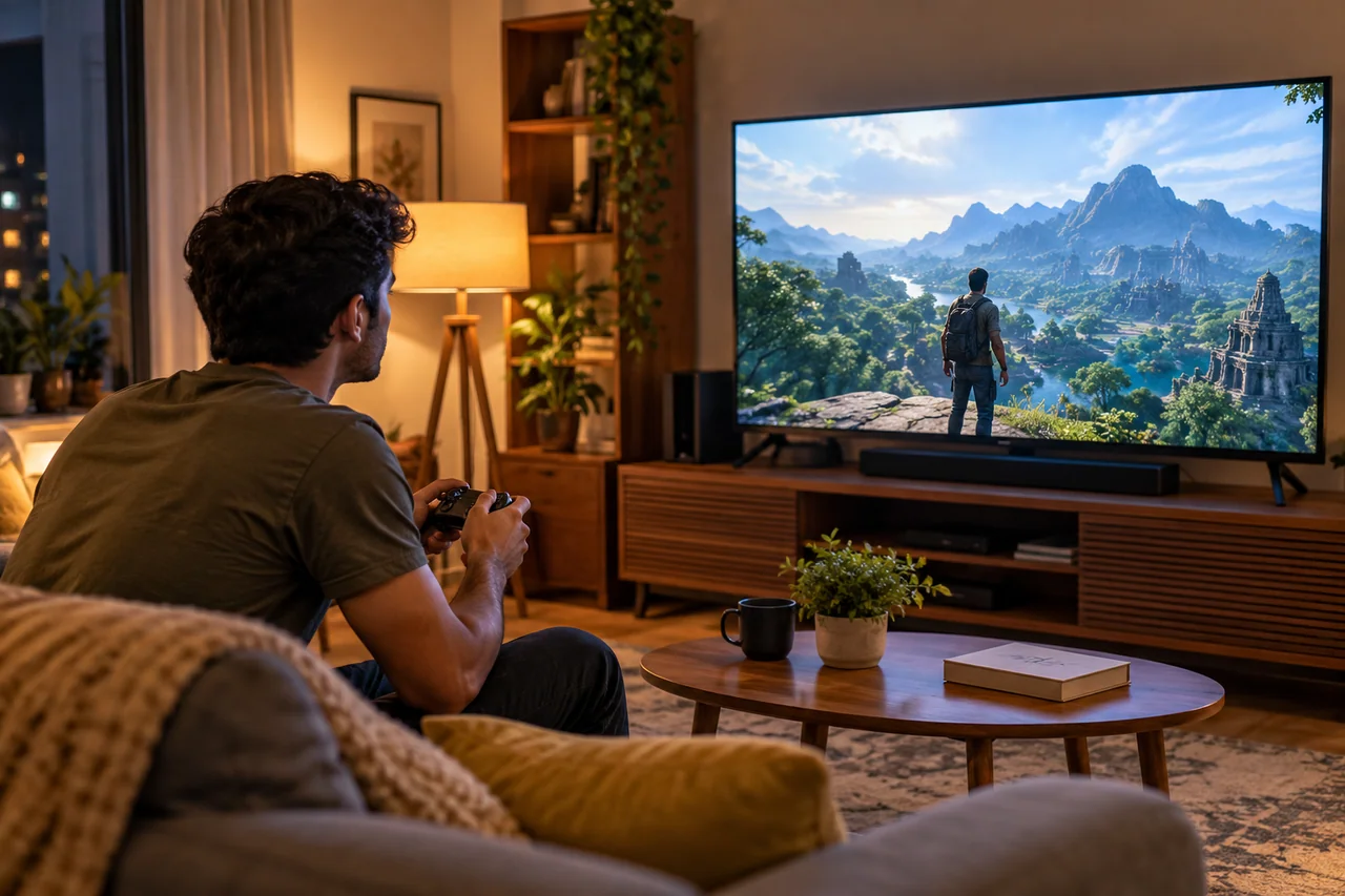 Simple home gaming screen and sofa setup