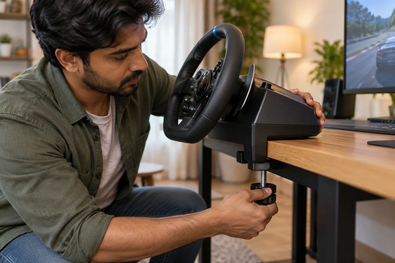 Person adjusting a racing wheel clamp on a desk