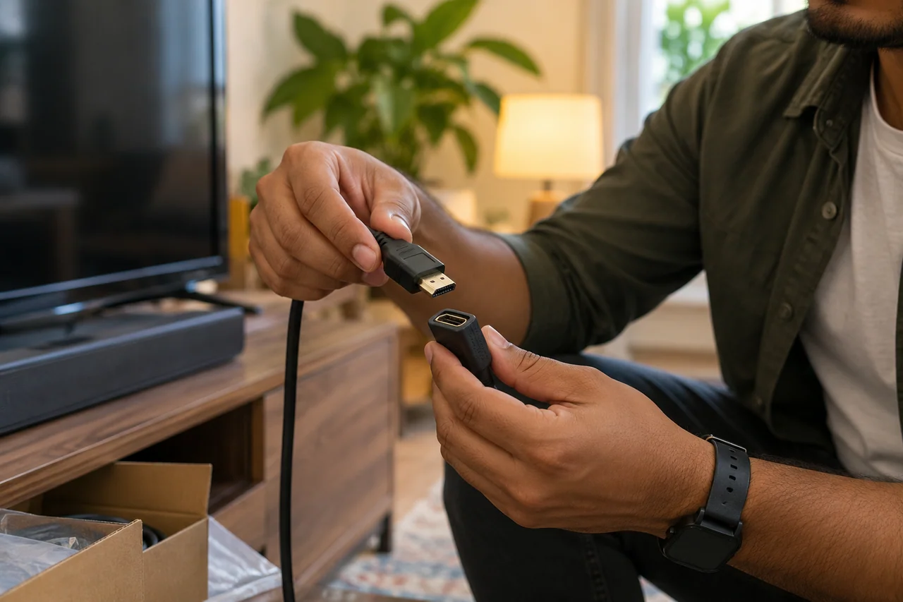 Hands checking a cable connector before setup